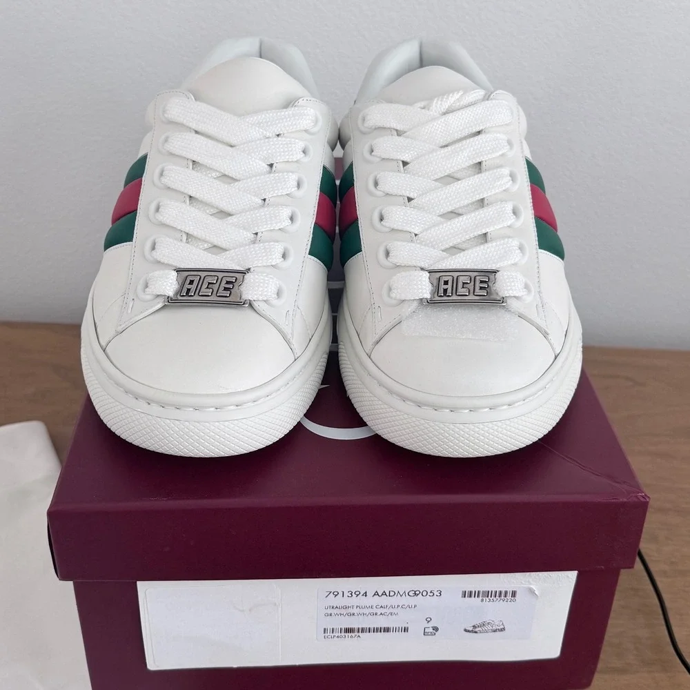 Gucci Ace White Leather Web Stripe Sneakers Green Croc Heel 791394 Mens UK 9